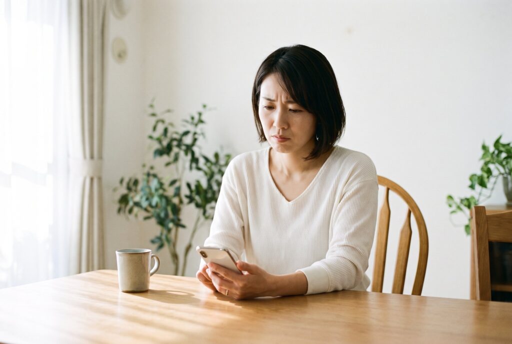 スマートフォンで記事を読み、少し表情が曇っている女性
