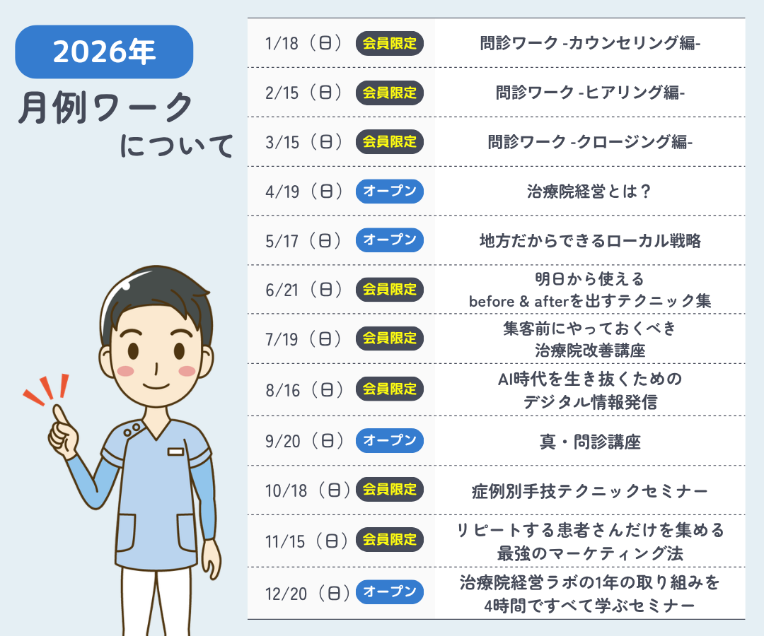 2026年の月例ワーク年間予定表。1月から12月までの開催日、会員限定またはオープンの区分、各回のテーマを掲載。