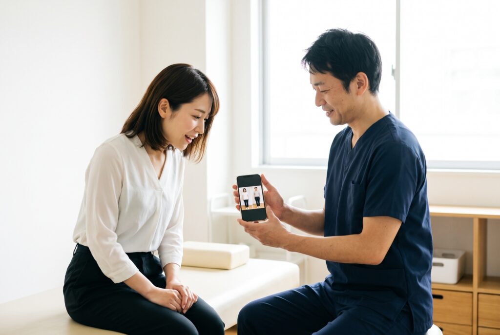 施術者がスマートフォンで撮った姿勢の写真を、施術ベッドに座る女性に見せて説明している様子