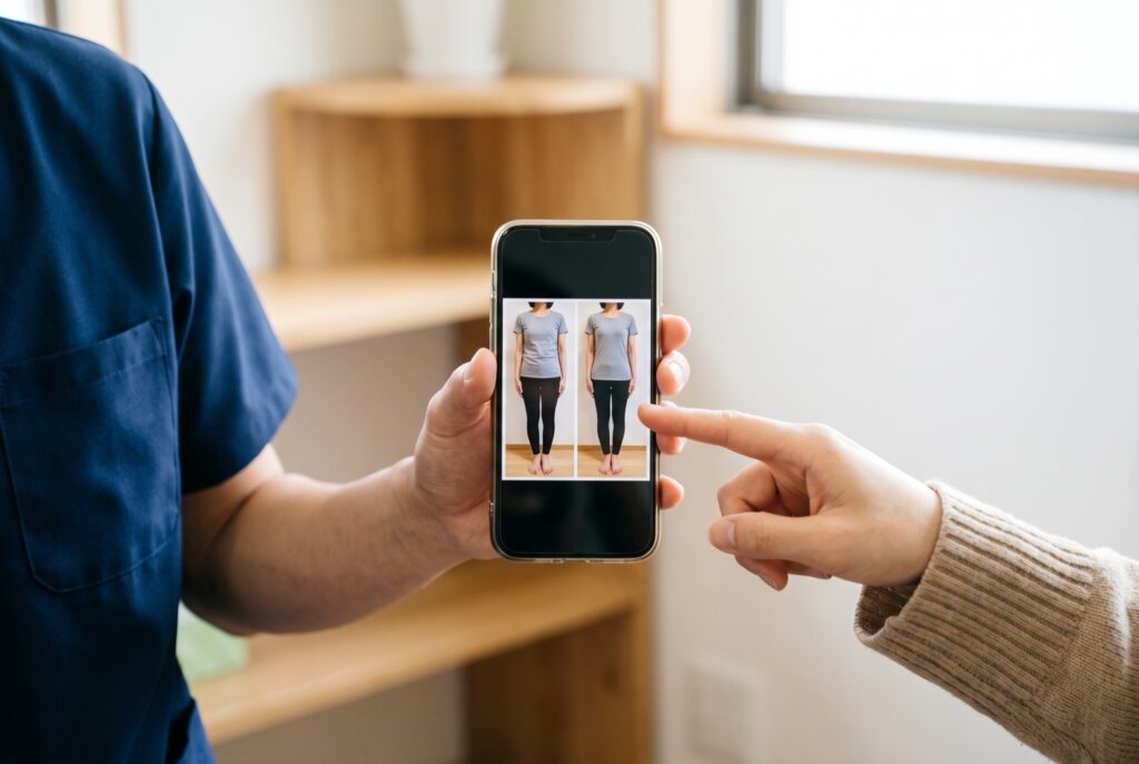 施術者が持つスマートフォンに並んだ2枚の姿勢の写真を、患者さんが指さしている手元