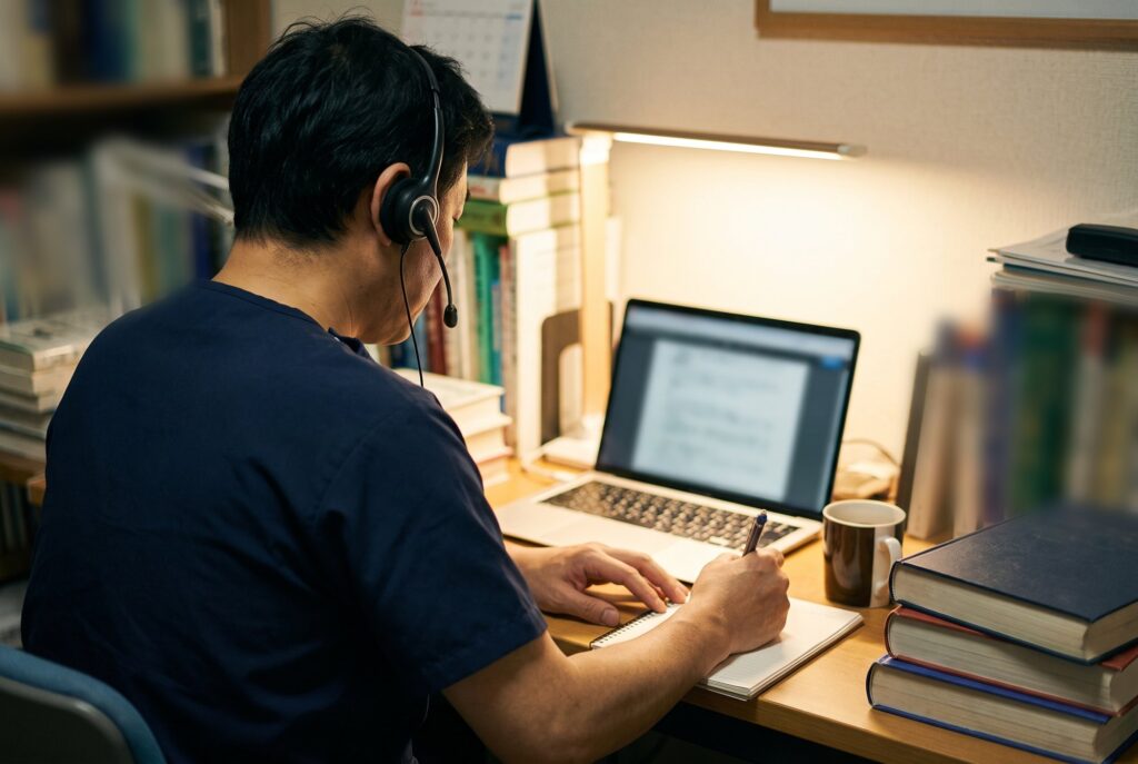 夜の院長室で、ヘッドセットをつけた院長がオンラインで相談を受けながらメモを取っている後ろ姿